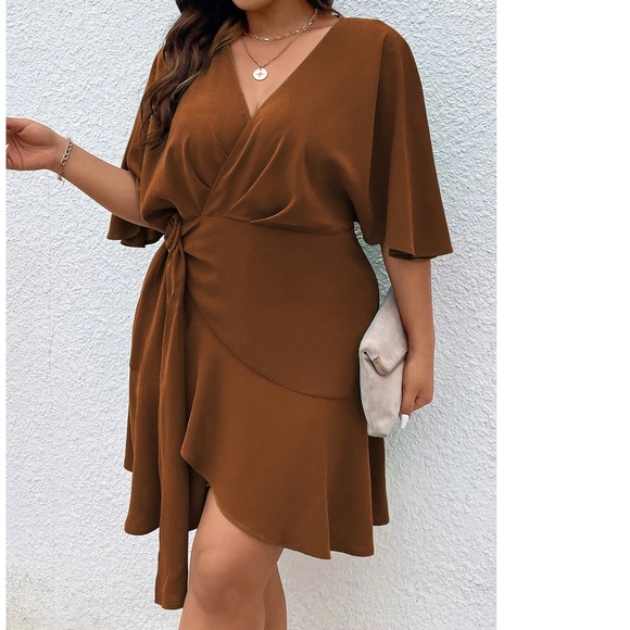 Plus Rust Brown solid Batwing Sleeve Ruffle Hem Mini Dress - Picture 7 of 10